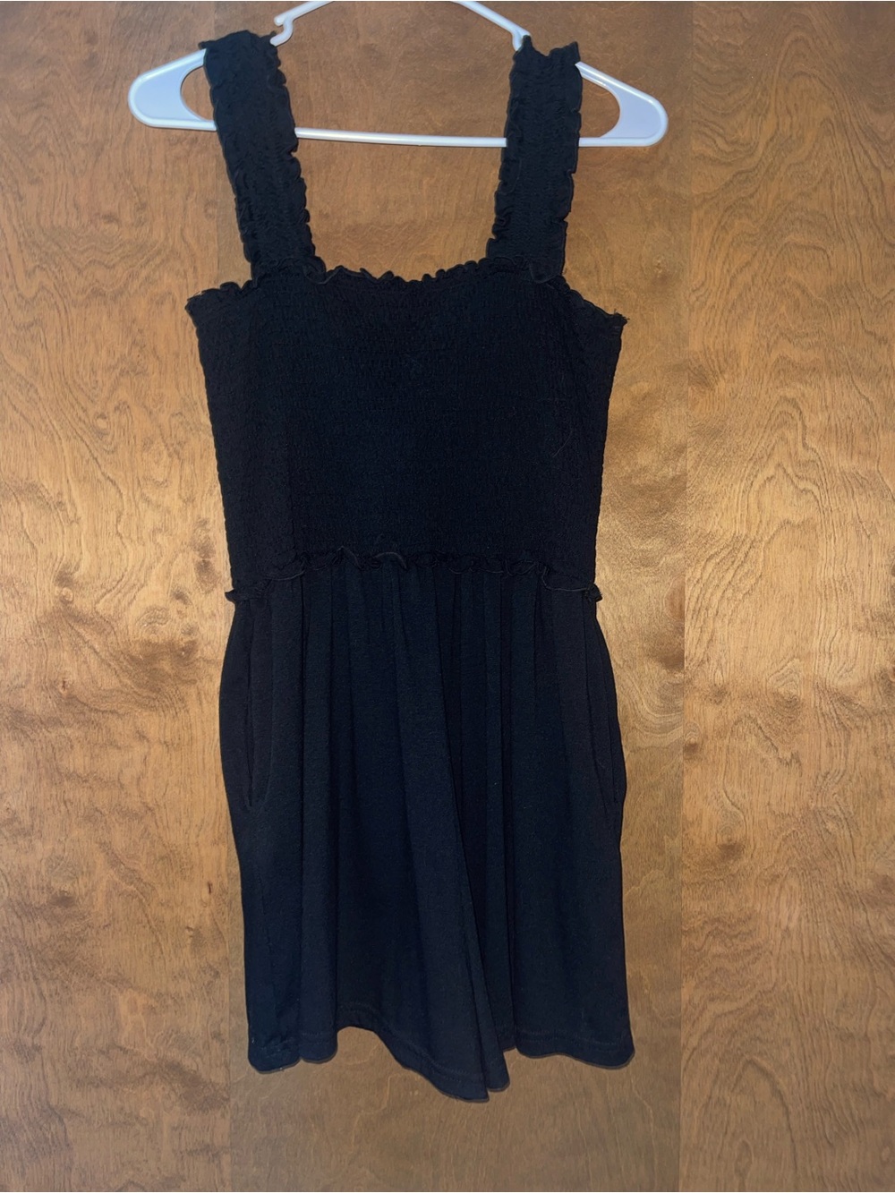 Black Smocked Strap Romper w/pockets